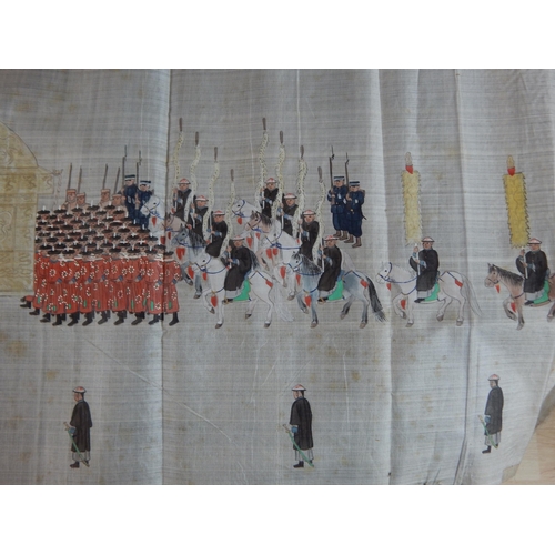 492 - 19th Century Long Chinese Scroll Painting on Silk depicting a figural scene with the Imperial guard ... 