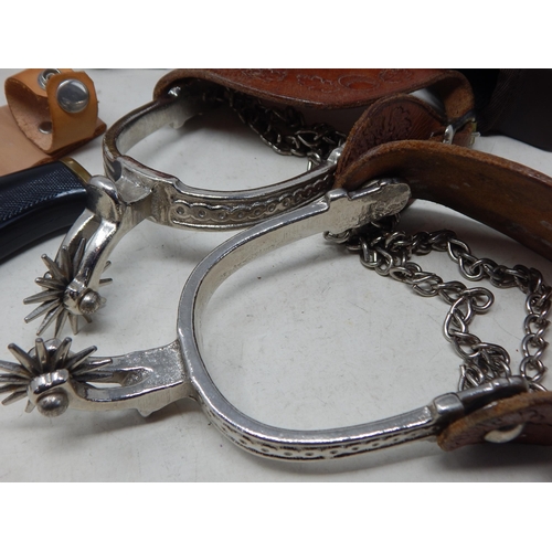 390 - Tan Leather Cowboy Belt with Brass Buckle & Gun Holster together with a pair of spurs, a tramontina ... 