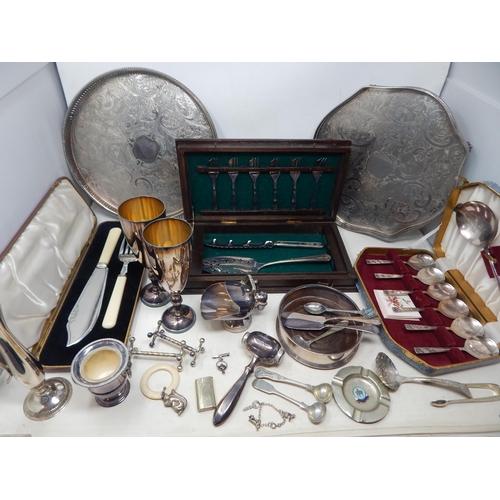 25 - Silver plated gallery trays, cutlery in boxes, much other Silver Plate, etc, large lot