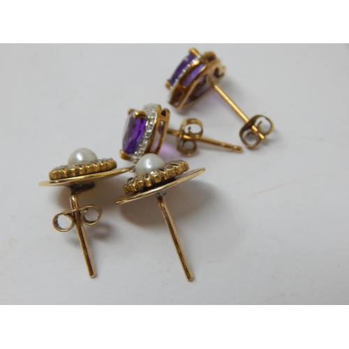 223 - A Pair of Gold Diamond & Amethyst Heart Shaped Earrings together with a pair of gold, diamond & pear... 