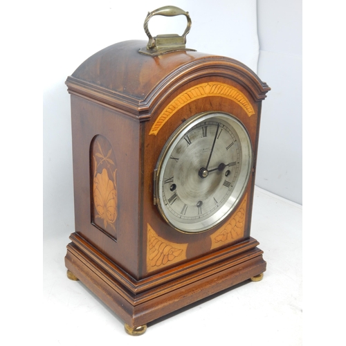 370 - Edwardian Bracket Clock with inlaid conch shell decoration, brass handle, complete with pendulum and... 