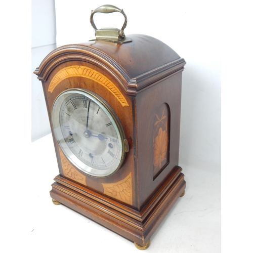 370 - Edwardian Bracket Clock with inlaid conch shell decoration, brass handle, complete with pendulum and... 