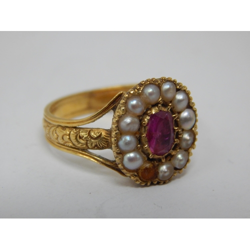 255 - Antique Gold Ring Set with a Central Ruby in a Pearl Border (one vacant) Size G/H: Gross weight 4.36... 