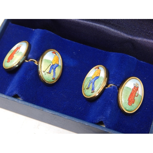 260 - A Pair of Scottish Silver & Enamel Golfing Cufflinks: Hallmarked Edinburgh 1996 by Halcyon Days in o... 