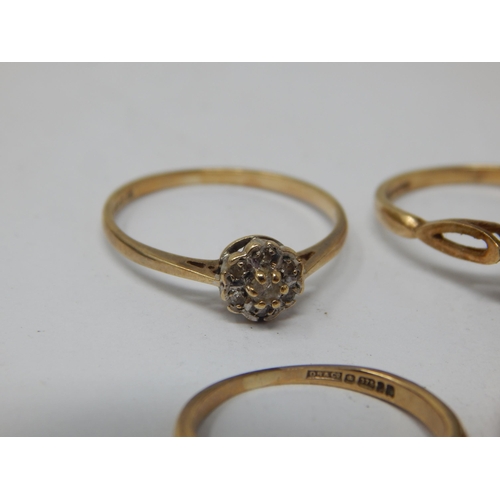 262 - 3 x 9ct Gold Diamond Set Rings together with a 9ct Gold Wedding Band: Weight 7.84g