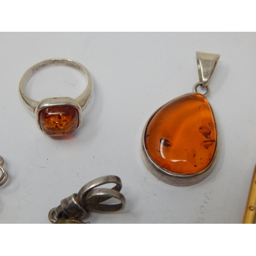 267 - A Quantity of Silver Jewellery Including Amber Pendant & Ring, Pearl & Lapis Lazuli Necklace togethe... 