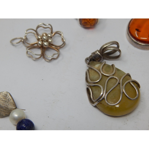 267 - A Quantity of Silver Jewellery Including Amber Pendant & Ring, Pearl & Lapis Lazuli Necklace togethe... 