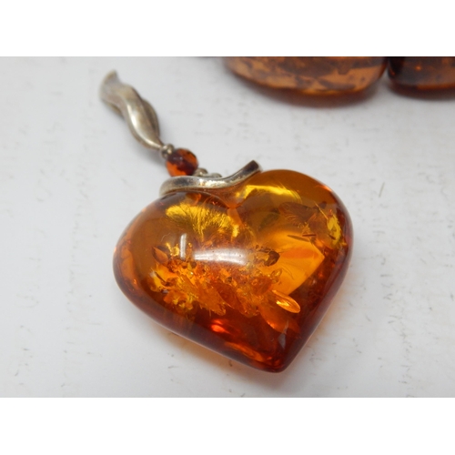 281 - A Collection of Amber & Silver Jewellery Including Large Bracelet, Heart Shaped Pendant & Bangle.