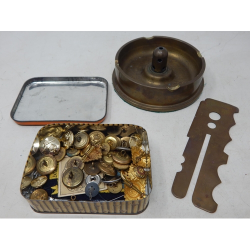 WWI Trench Art Shell Ashtray together with a brass button cleaning stick & a tin of various regiments buttons