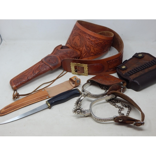 392 - Tan Leather Cowboy Belt with Brass Buckle & Gun Holster together with a pair of spurs & a Tramontina... 