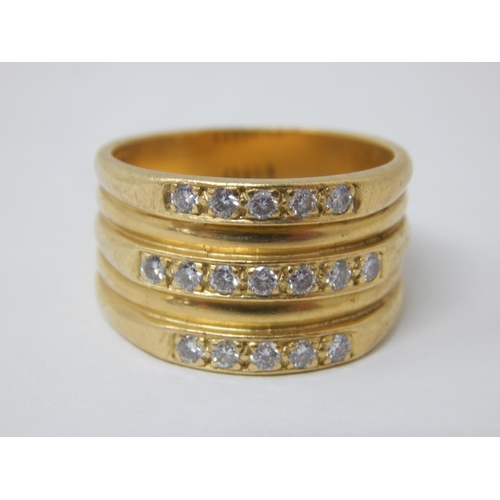 18ct Gold Ring Set with three rows of round brilliant cut diamonds (17 total) Size P: Weight 11.01g