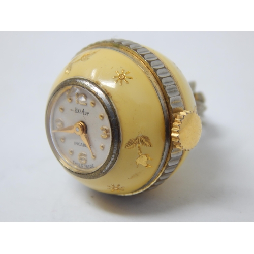 218 - Art Deco Yellow Enamel Bel Art Swiss Pendant Ball Watch with Suspension Loop