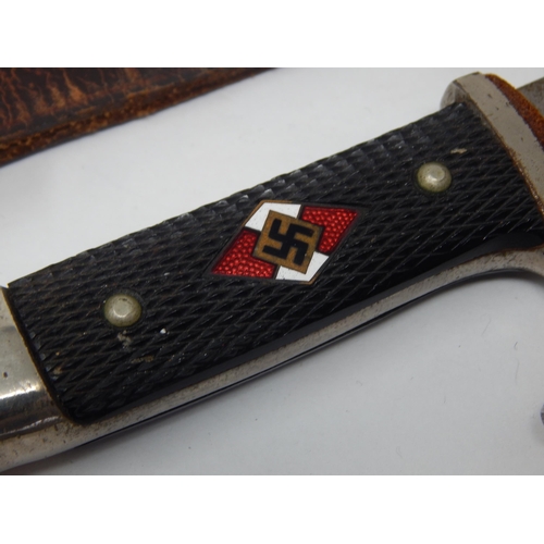 391 - Third Reich Hitler Youth Dagger by K & Co, Solingen, black chequered two piece grip with enamel HJ d... 