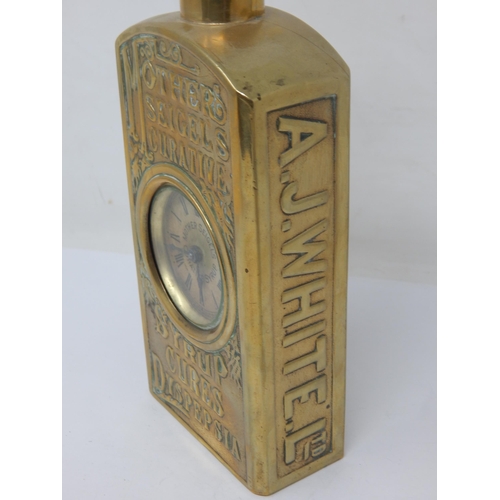 301 - MOTHER SEIGELS CURATIVE ADVERTISING CLOCK. 7.8ins tall, heavily embossed brass body in the shape of ... 