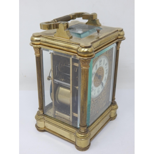 311 - 19th Century Brass Cased Repeater Carriage Clock with Bevelled Glass Panels & Key.