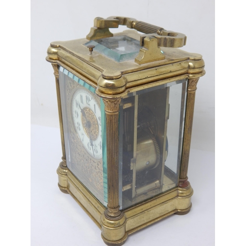 311 - 19th Century Brass Cased Repeater Carriage Clock with Bevelled Glass Panels & Key.