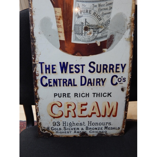 312 - Enamel Sign: Dairy - Guildford. The West Surrey Central Dairy Co's Pure Rich Thick Cream: Measures 6... 