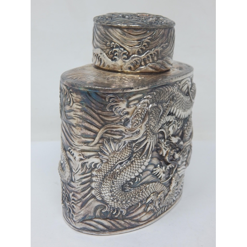 106 - Chinese Silver Plated Tea Caddy Profusely Decorated with Dragons.