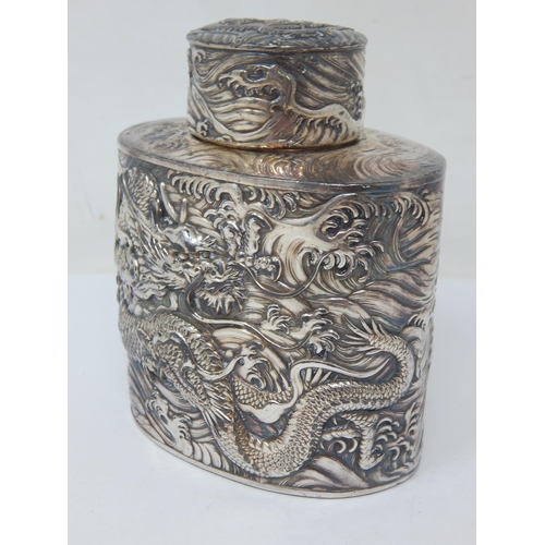 106 - Chinese Silver Plated Tea Caddy Profusely Decorated with Dragons.