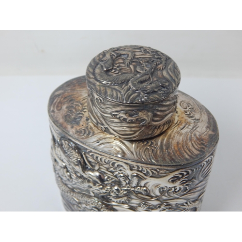 106 - Chinese Silver Plated Tea Caddy Profusely Decorated with Dragons.