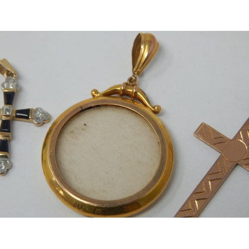 221 - 9ct Gold Double Sided Pendant Locket together with two 9ct Gold Crosses: Gross weight 8.03g