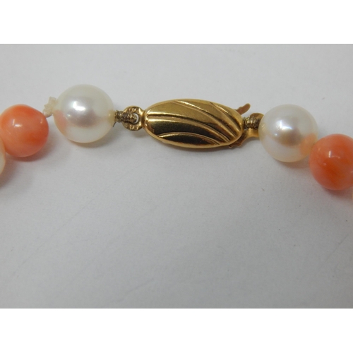 227 - 9ct Gold Clasped Pearl & Coral Bracelet: Length 18cm