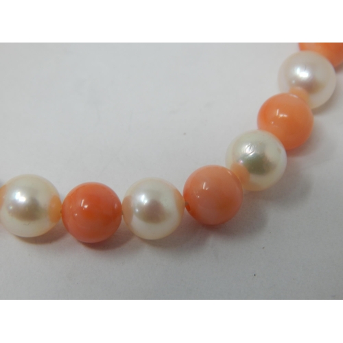 227 - 9ct Gold Clasped Pearl & Coral Bracelet: Length 18cm