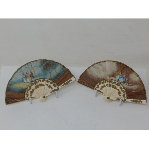 A Pair of Signed Hand Painted 19th Century Miniature Fans with Figural Scenes: Measuring 14cm wide (open)