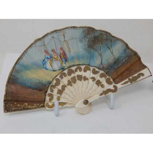 330 - A Pair of Signed Hand Painted 19th Century Miniature Fans with Figural Scenes: Measuring 14cm wide (... 