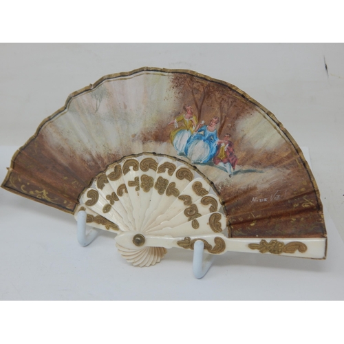 330 - A Pair of Signed Hand Painted 19th Century Miniature Fans with Figural Scenes: Measuring 14cm wide (... 