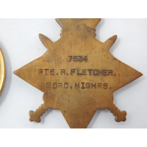 1 - WWI Trio of Medals Awarded & Named to: S-7534 PTE R. FLETCHER: GORDON HIGHLANDERS. Together with cap... 