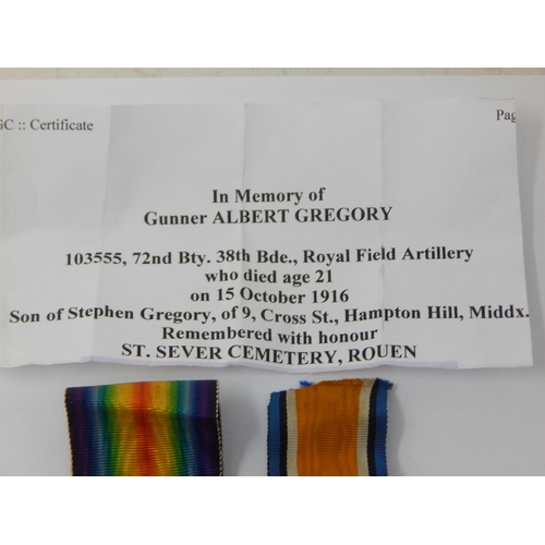 16 - WWI Pair of Medals Awarded & Edge Named to: 103555 GNR. A. GREGORY. R.F.A. Killed in Action 15/10/19... 