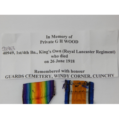 21 - WWI Pair of Medals Awarded & Edge Named to: 32963 PTE. G. H. WOOD. ROYAL LANCASHIRE REGIMENT. Killed... 