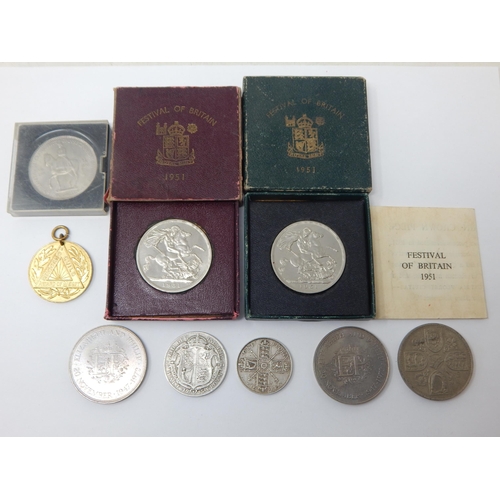 84 - 1915 Silver Half Crown, 1911 Florin, 1951 Festival of Britain Crowns in cases of issue (2) commemora... 