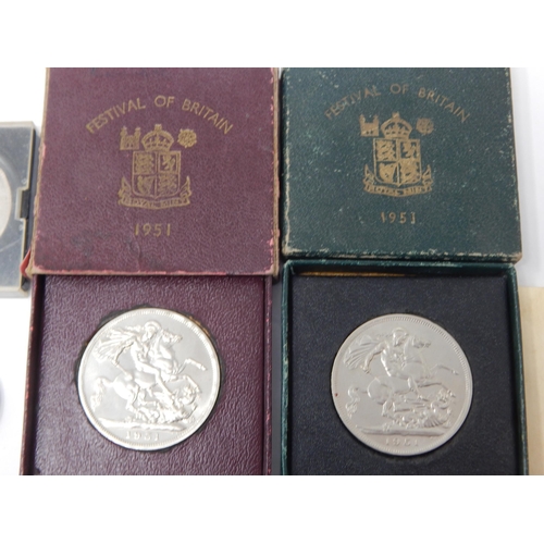 84 - 1915 Silver Half Crown, 1911 Florin, 1951 Festival of Britain Crowns in cases of issue (2) commemora... 