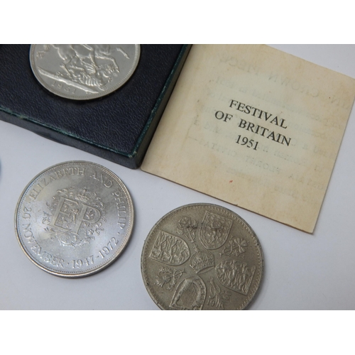 84 - 1915 Silver Half Crown, 1911 Florin, 1951 Festival of Britain Crowns in cases of issue (2) commemora... 