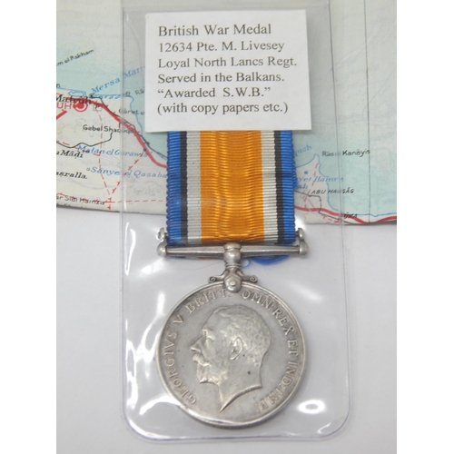 39 - WWI War Medal: 12634 PTE MATTHEW LIVESEY. LOYAL NORTH LANCASHIRE REGIMENT. Served in Balkans, 
