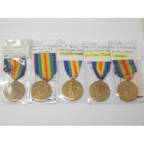 WWI Victory Medals: 22564. PTE. J. HODKIN. WEST YORKSHIRE REGIMENT, 3-2047. A. CPL. W. TINSLEY. YORK LIGHT INFANTRY, 26440. PTE. J. A. GILMORE. ROYAL LANCASHIRE REGIMENT, 7213. PTE. F. FOY. LANCASHIRE FUSILIERS, L-9741. PTE. W. SELFE. LOYAL NORTH LANCASHIRE REGIMENT.