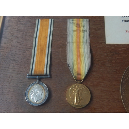 56 - FRAMED WWI MEDAL GROUP AWARDED & EDGE NAMED TO BROTHERS: PTE BERTIE JOHN THOMAS. WELCH REGIMENT (KIL... 