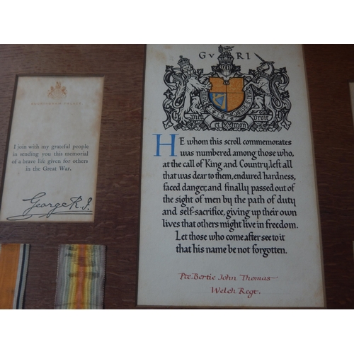 56 - FRAMED WWI MEDAL GROUP AWARDED & EDGE NAMED TO BROTHERS: PTE BERTIE JOHN THOMAS. WELCH REGIMENT (KIL... 