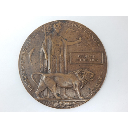 63 - WWI Death Plaque Awarded & Named to: FREDERICK ARTHUR KING