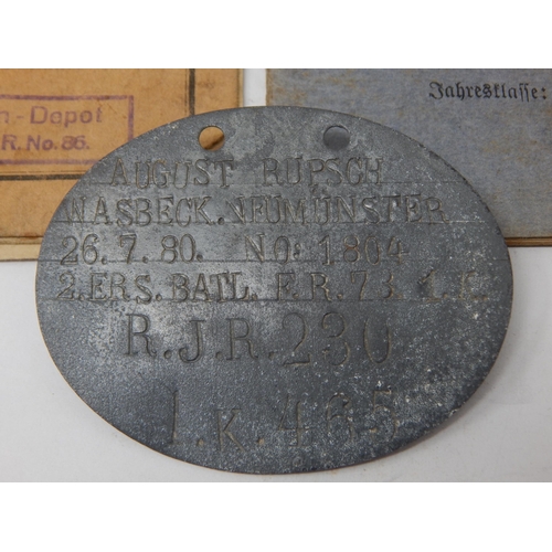 300 - WWI German Dog Tag & Papers: August Rupsch. Wasbeck. Neumunster 26.7.80 No: 1804 2.ERS. BATL. E.R.73... 