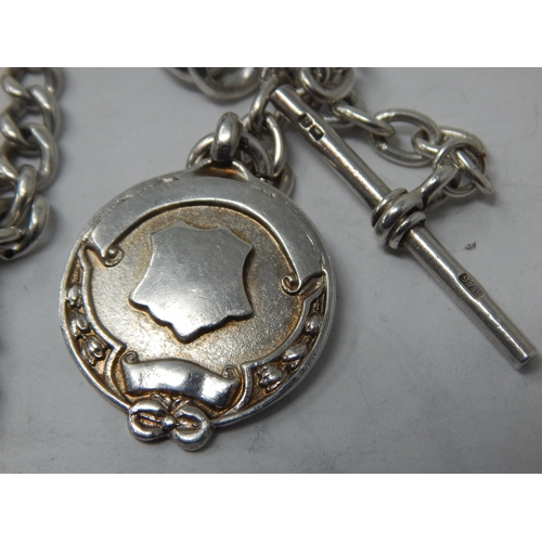 127 - 2 x White Metal Albert Chains with Attached Hallmarked Silver Fobs & T-Bar