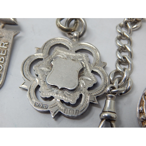 127 - 2 x White Metal Albert Chains with Attached Hallmarked Silver Fobs & T-Bar