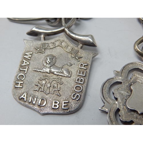 127 - 2 x White Metal Albert Chains with Attached Hallmarked Silver Fobs & T-Bar