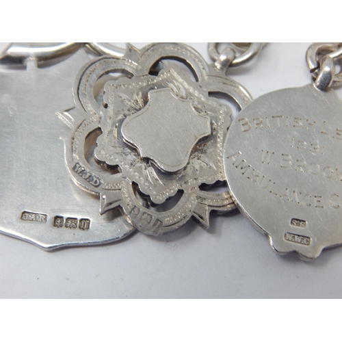 127 - 2 x White Metal Albert Chains with Attached Hallmarked Silver Fobs & T-Bar