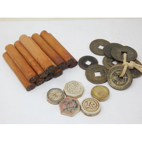 83 - Ancient Chinese Cash Coins together with 19th Century Chinese porcelain gambling tokens, signed with... 