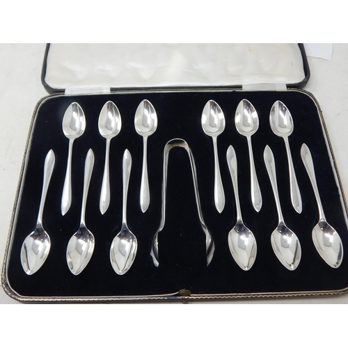 144 - A Set of 12 Silver Spoons & Tongs Hallmarked Sheffield 1929 by P. Ashberry & Sons in Fitted Case: We... 