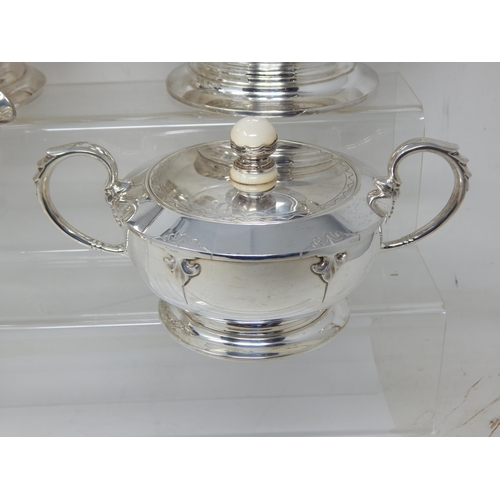 147 - A Four Piece Silver Tea Service, Comprising Teapot, Hot Water Jug, Lidded Sugar Bowl & Milk Jug: Hal... 