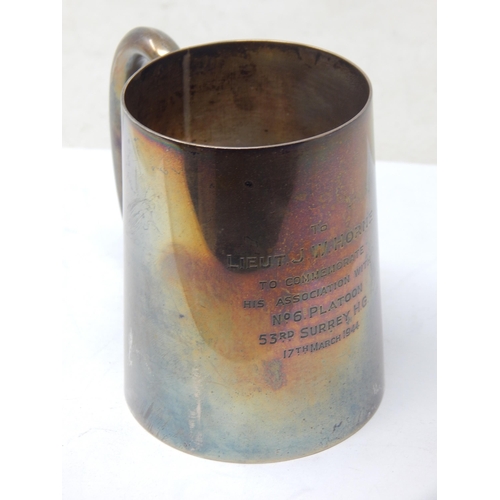 WWII Home Guard Heavy Silver Tankard Presented to Lt J. W Horne No 6 Platoon, 53rd Surrey: Dated 17th March 1944: Weight 218g